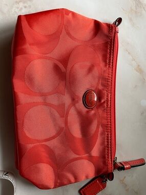 Coach Coral Red Signature Satin Cosmetic Pouch